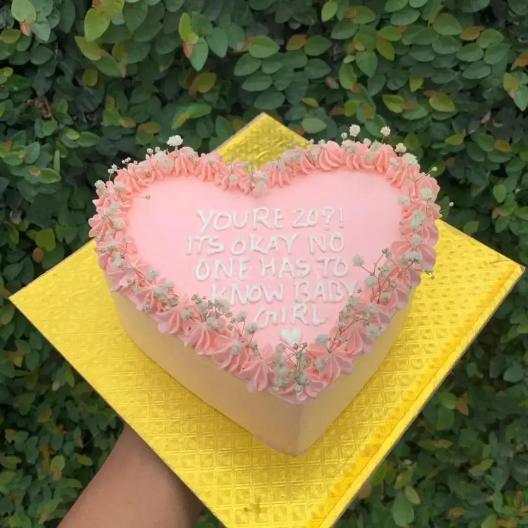 Heart-shaped pink bento cake with piped icing borders, baby's breath flowers, and a humorous white icing message.
