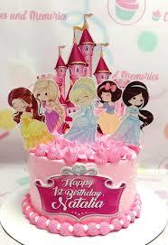 Pink princess, 1st birthday 1 Tier - pink, yellow, purple theme with printout of a pink castle and pink icing dollops