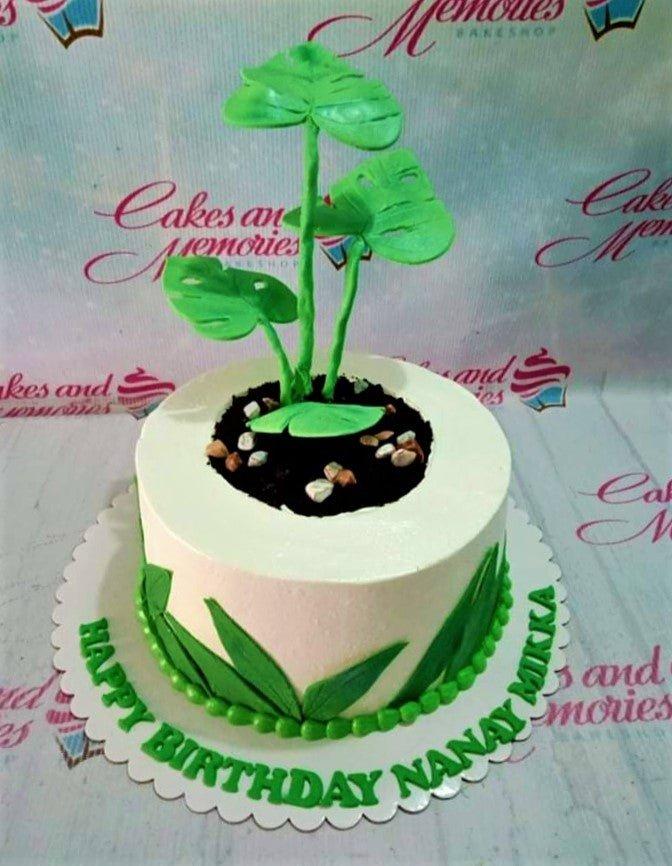 White round cake with a potted plant design featuring green fondant leaves and edible soil with small rocks.