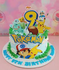 Pokemon 9th birthday 1 Tier - blue, yellow, green theme with number 9 with blue outline and yellow fill and green leaves/f...
