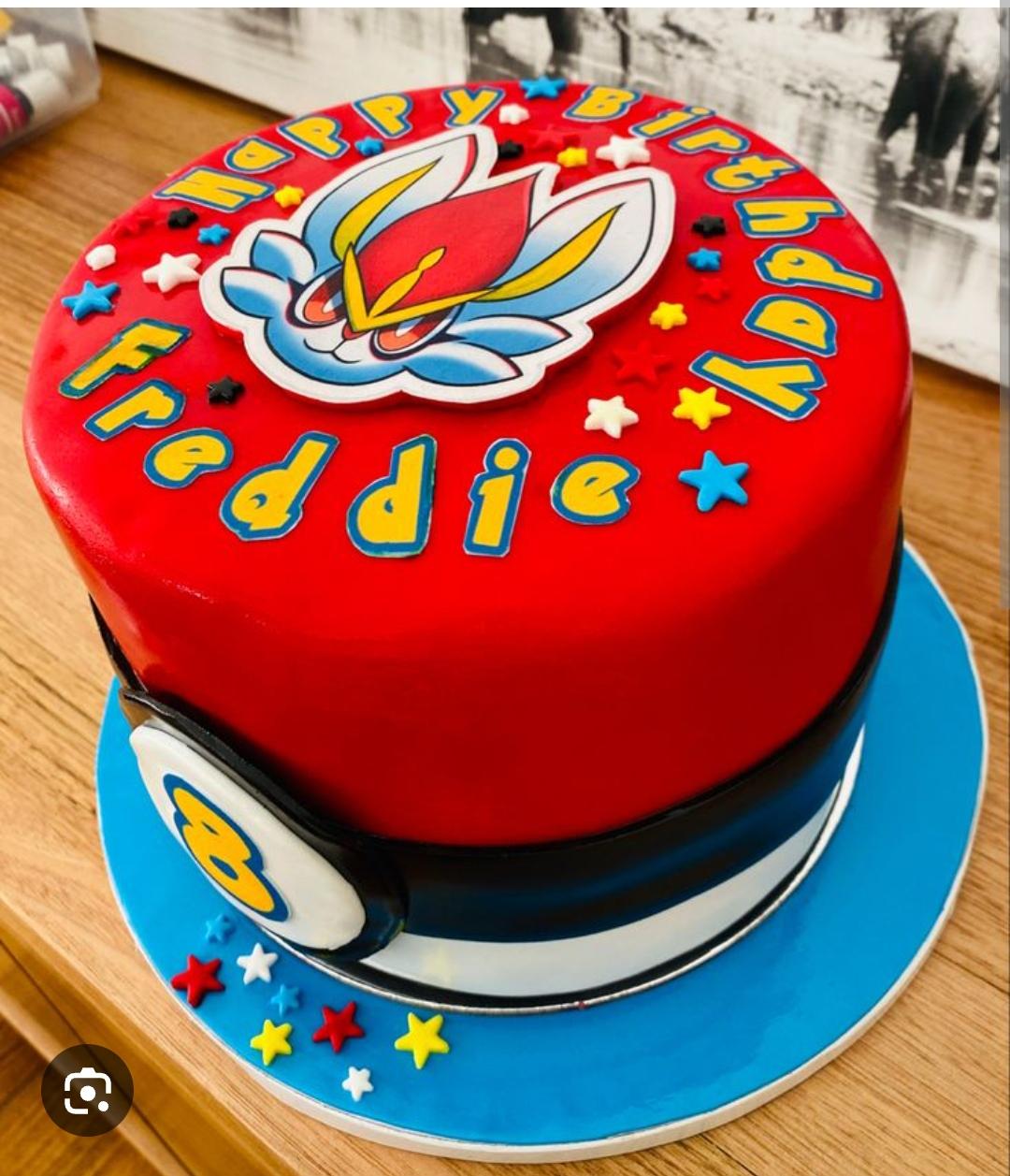 Pokemon birthday 1 Tier Fondant - white theme with Cinderace character and small stars