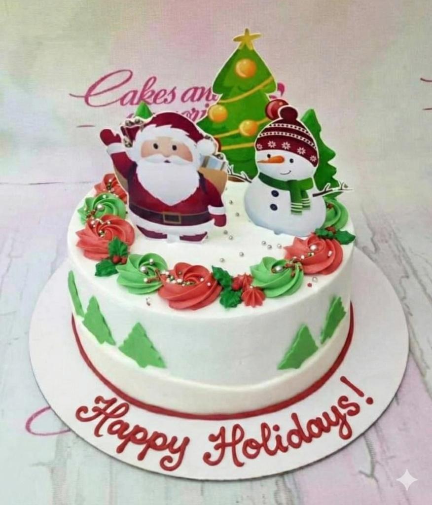 Cake 1 Tier - red, green, silver theme with Santa Claus cutout and Red icing swirls