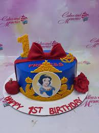 Cake 1 Tier - red, gold, rose theme with red bow and Snow White character image