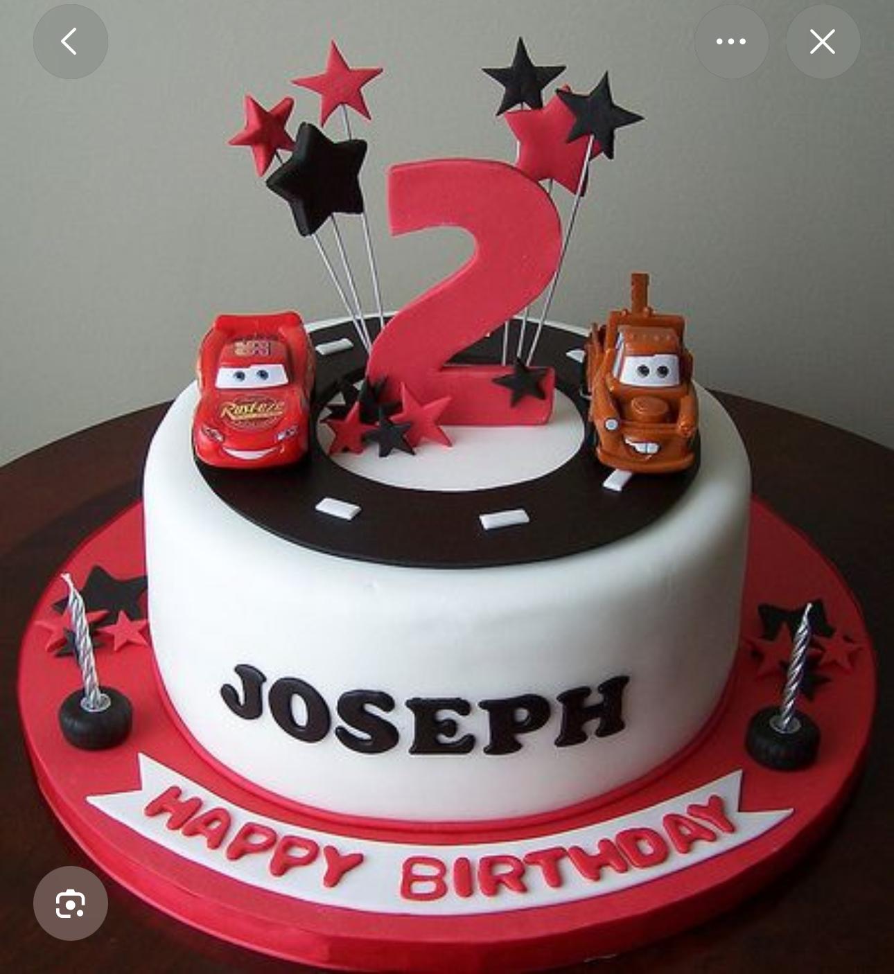 red car, 2nd birthday 1 Tier Fondant - red, brown, black theme with red number 2 and black road with white dashed lines