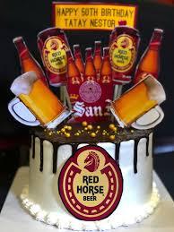 Red Horse Beer Birthday 1 Tier - red, gold theme with Happy 50th Birthday Tatay Nestor banner and gold sprinkles