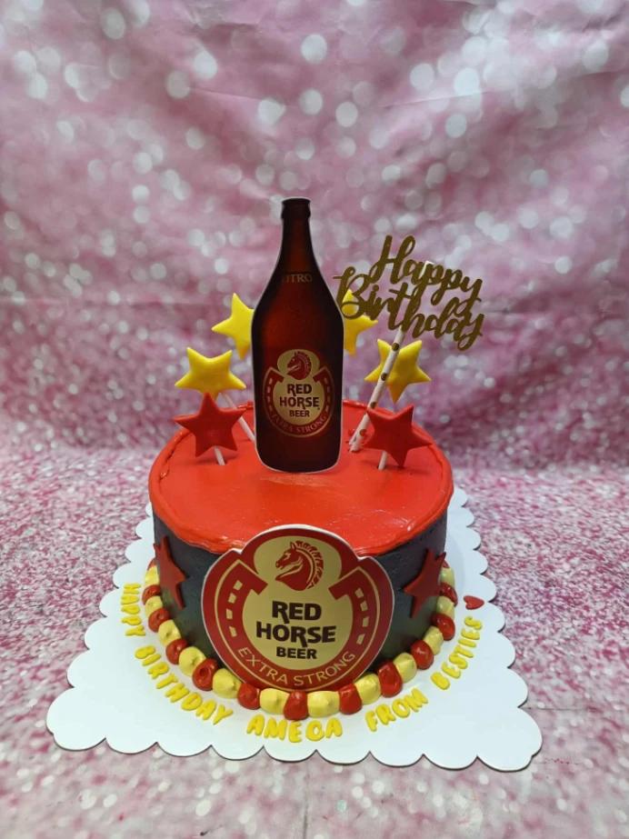 Red Horse Beer birthday 1 Tier - red, yellow theme with Happy Birthday cardstock topper and printout of Red Horse Beer logo