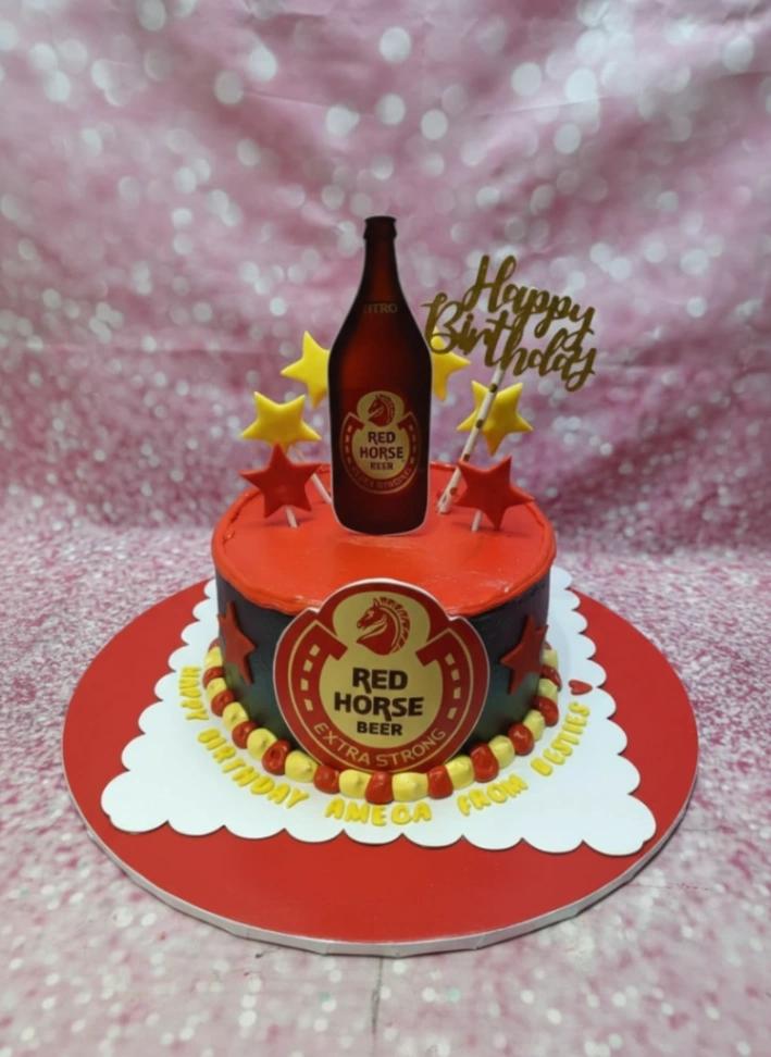 Red Horse Beer birthday 1 Tier - red, black, yellow theme with Happy Birthday text topper and yellow star on stick