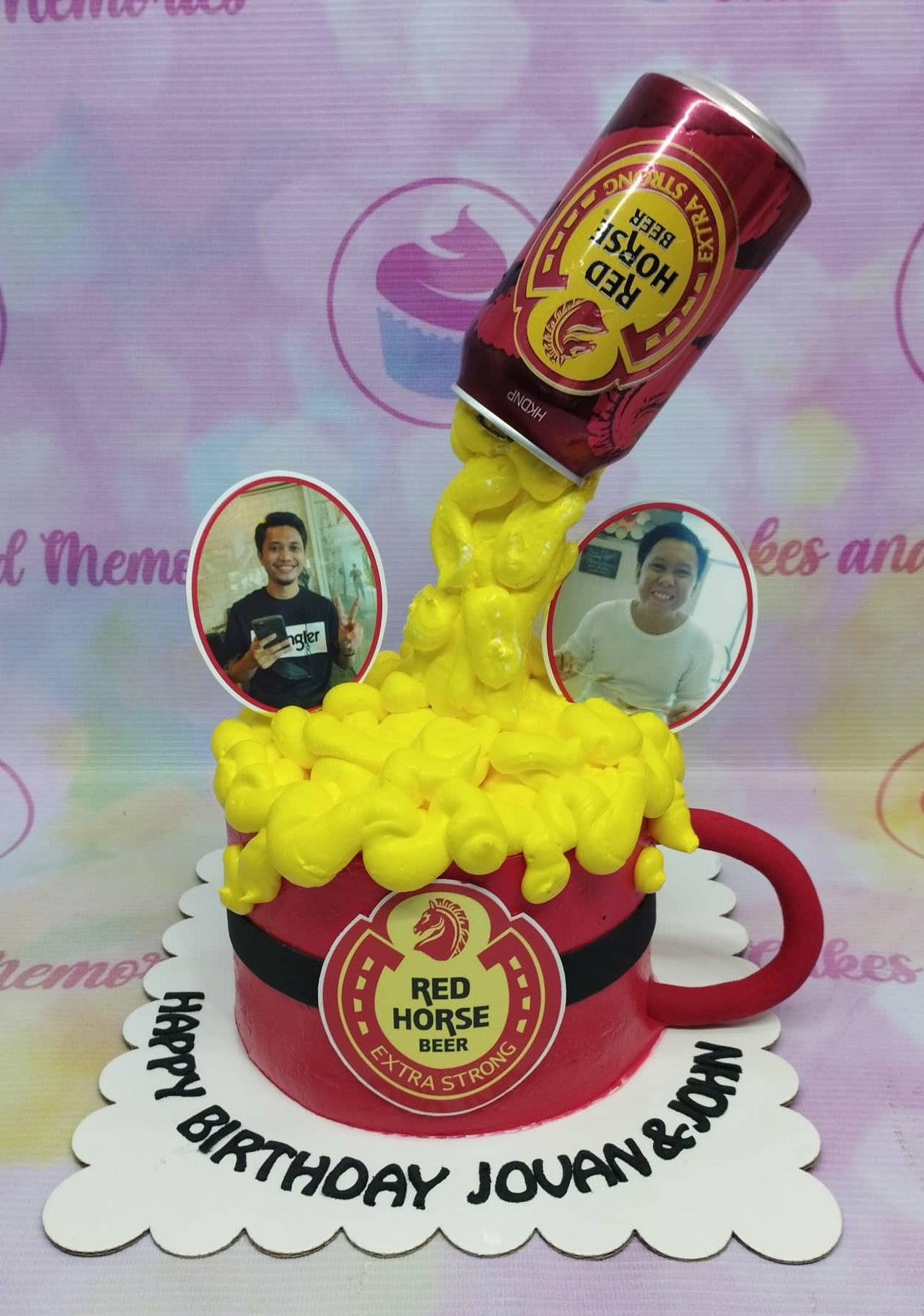 Red Horse beer themed cake shaped like a mug with a pouring beer can topper and photo printouts of two men.