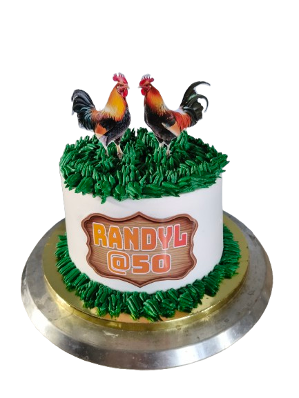 rooster farm 1 Tier - white, green theme with roosters and green grass piping on top