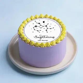 Lavender minimalist cake with yellow icing rosettes and a Sagittarius constellation printout topper.