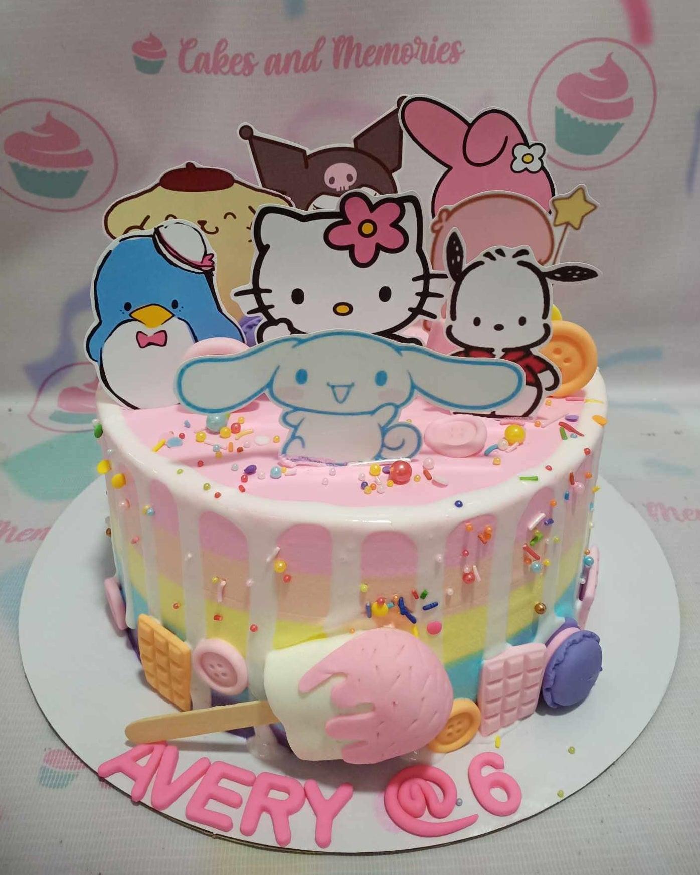 Colorful Sanrio character cake with Hello Kitty, Cinnamoroll, and friends, featuring rainbow striped icing and white chocolate drips.