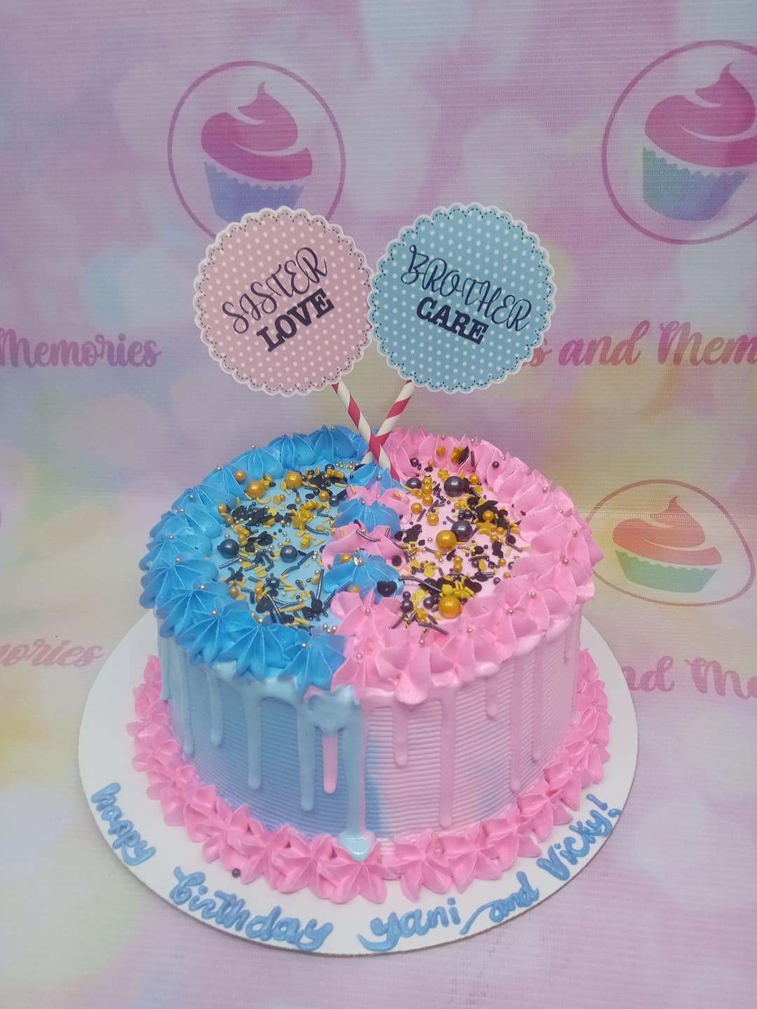 Split blue and pink birthday cake with Sister Love and Brother Care toppers, decorated with icing rosettes and colorful sprinkles.