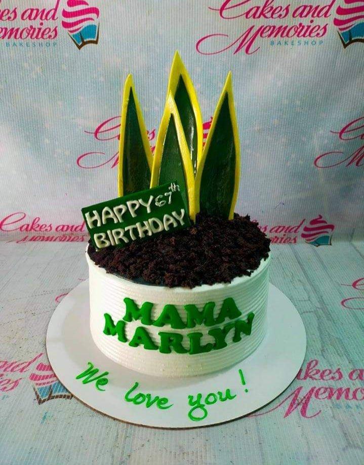 White 1-tier birthday cake with green snake plant toppers, chocolate soil, and green gumpaste letters for Mama Marlyn.