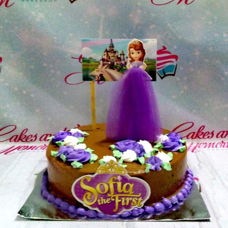 Sofia the First themed chocolate cake with purple and white icing rosettes and a character topper with a purple tulle dress.