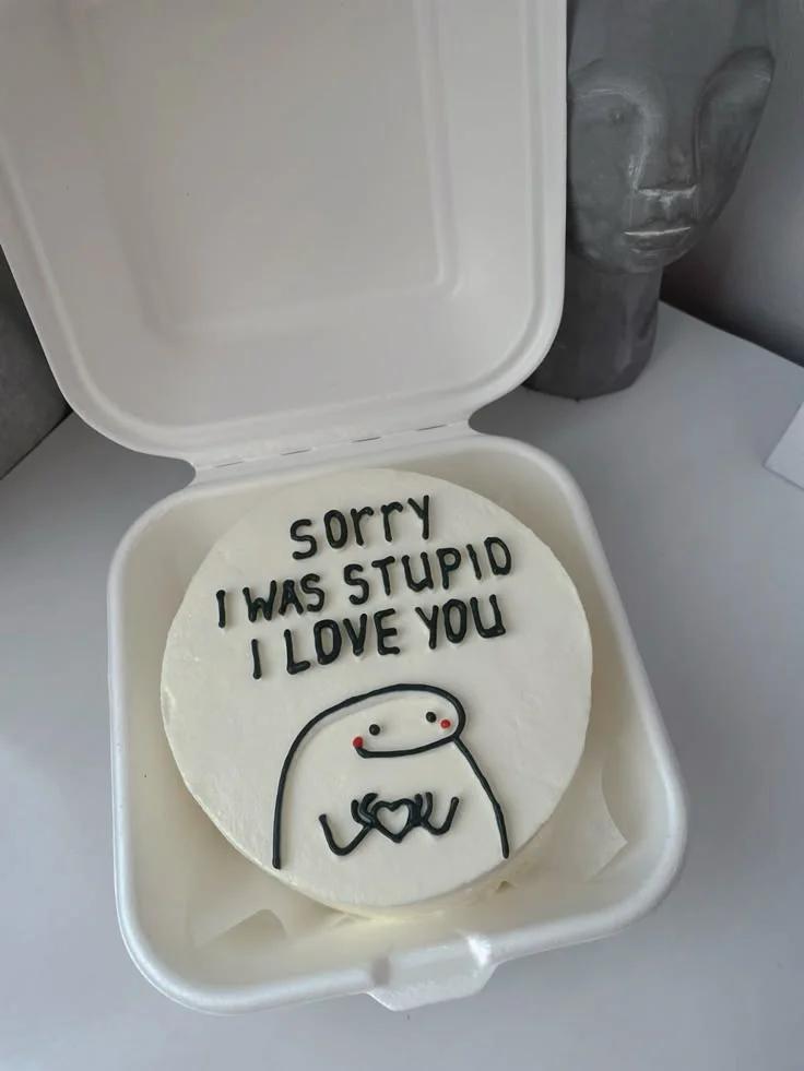 White bento cake with a hand-drawn black icing doodle of a character holding a heart and a humorous apology message.