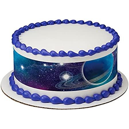 Single tier white cake with blue piped borders and a space-themed galaxy wrap featuring a blue planet and stars.