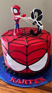Spiderman 3rd birthday 1 Tier - black, white theme with Spiderman toy figure and White Spiderman eye shape