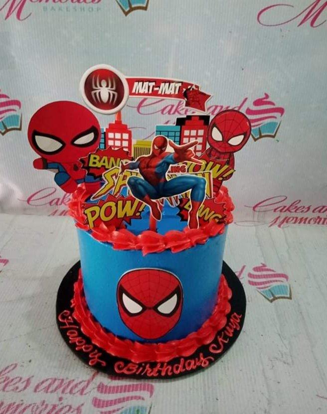 Blue Spiderman themed birthday cake with red icing borders and various Spiderman character printout toppers.