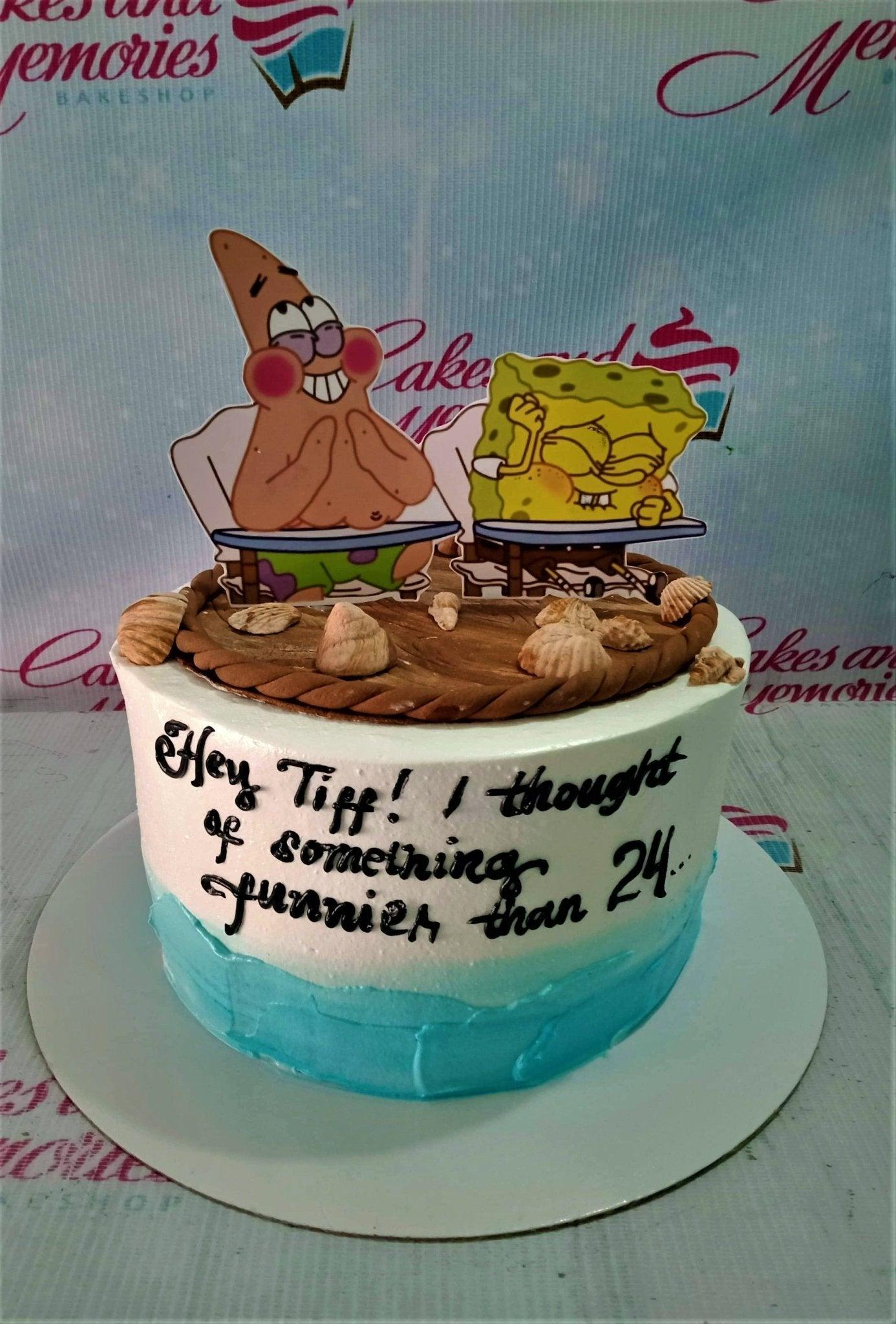 Spongebob and Patrick themed birthday cake with beach elements and funny message for a 24th birthday.