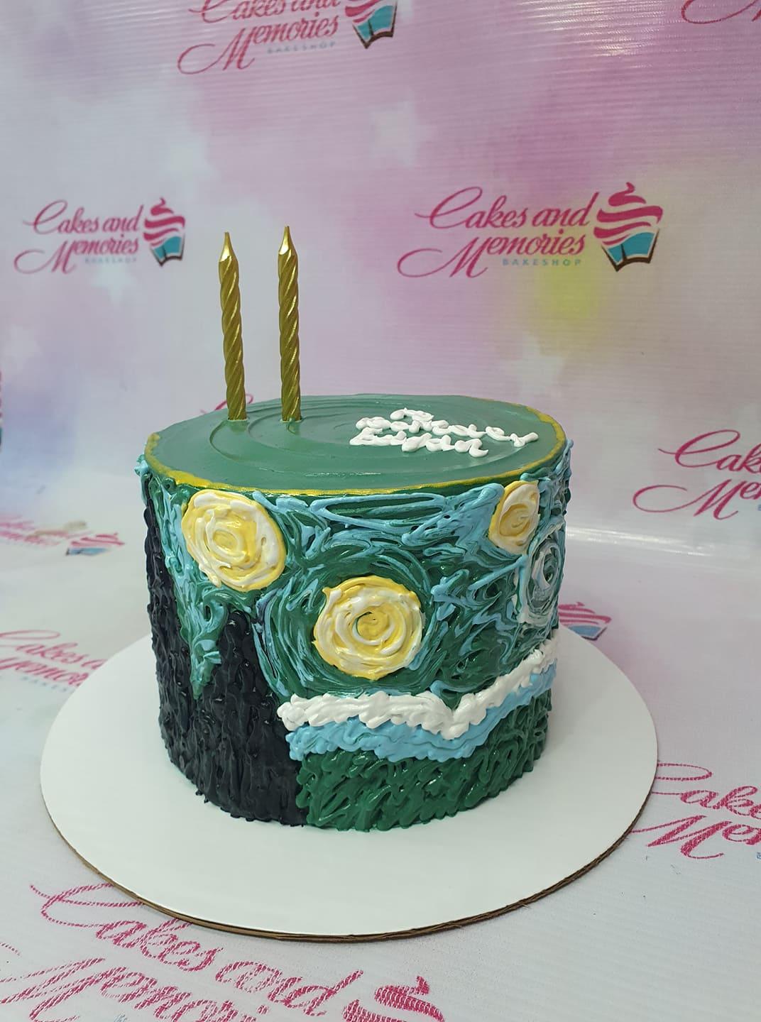 A single-tier cake featuring a hand-painted Van Gogh Starry Night design in textured blue, green, and yellow icing with gold candles.