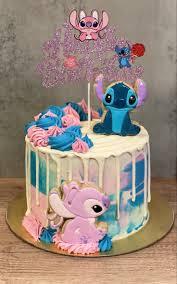 Stitch and Angel 1 Tier - blue, pink theme with Happy Birthday topper with Stitch and Angel and pink and blue icing swirls