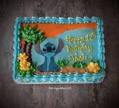 stitch birthday Rectangle - blue, orange, light theme with Stitch character art and piped palm trees