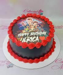 Cake 1 Tier - red theme with Edible photo of Stranger Things characters with 'Happy Birthday Ulrica' text and a red heart