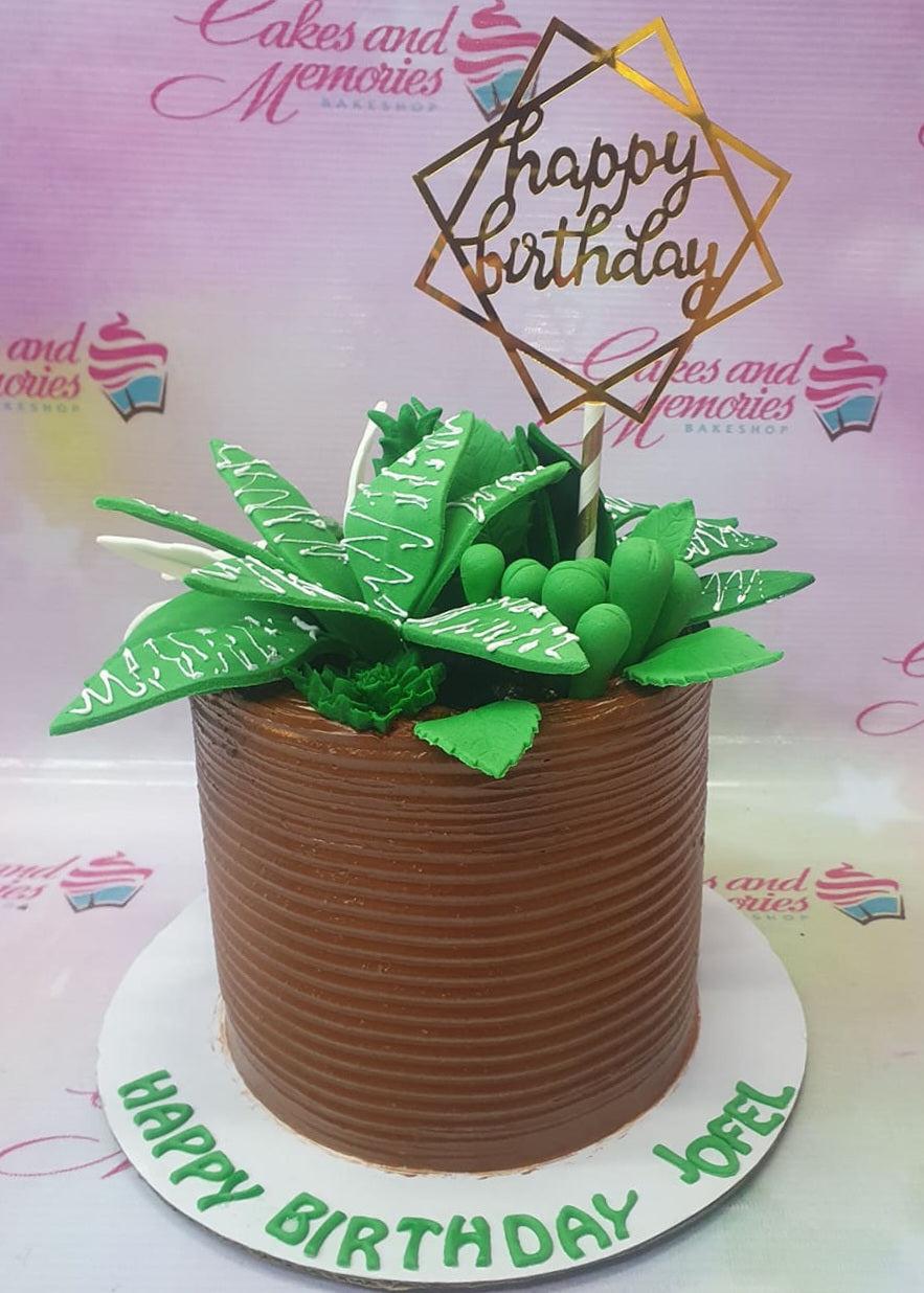 Brown textured soft icing cake with green succulent gumpaste toppers and a gold Happy Birthday topper.