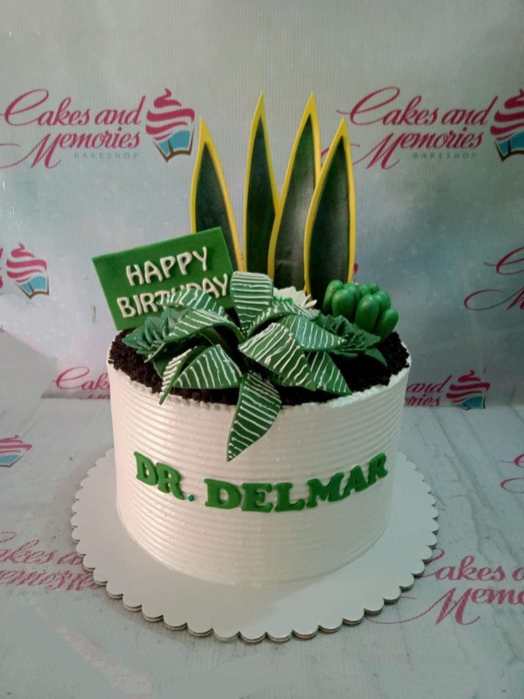 White textured icing cake with succulent and snake plant toppers, chocolate soil, and green Happy Birthday message for Dr. Delmar.