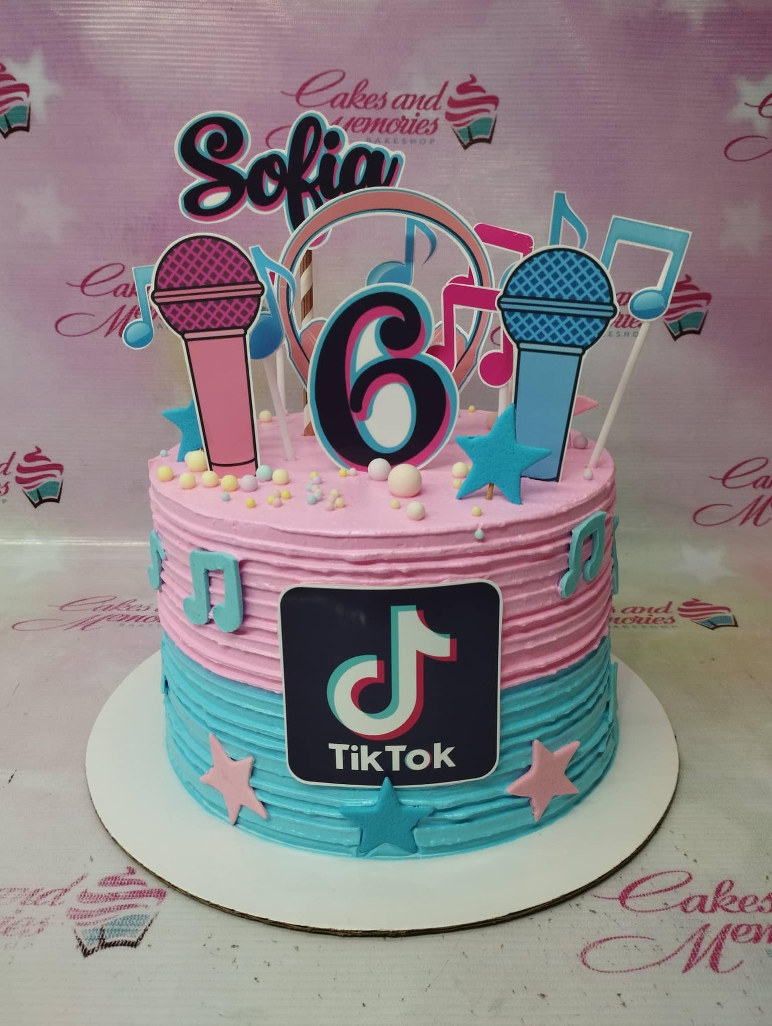 Pink and blue TikTok themed birthday cake with microphone and music note toppers for Sofia's 6th birthday.