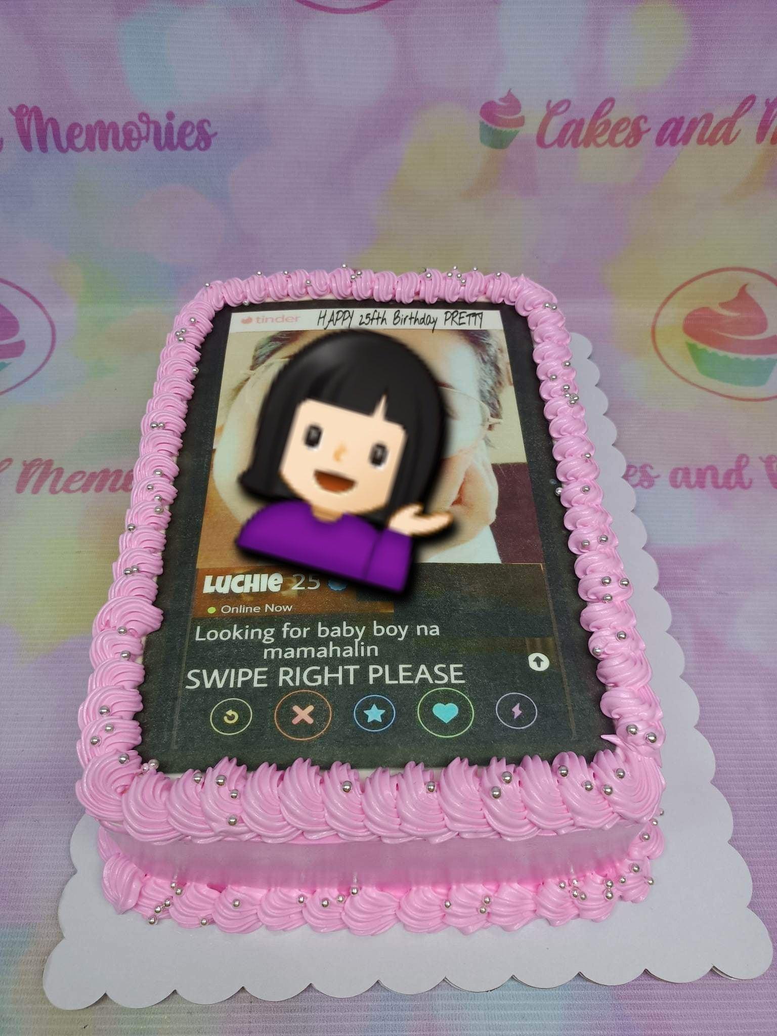 Pink rectangle birthday cake with a Tinder profile edible photo print, pink icing rosettes, and silver dragees.