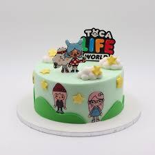 Light green Toca Life World themed cake with character printouts, fondant clouds, and yellow stars.