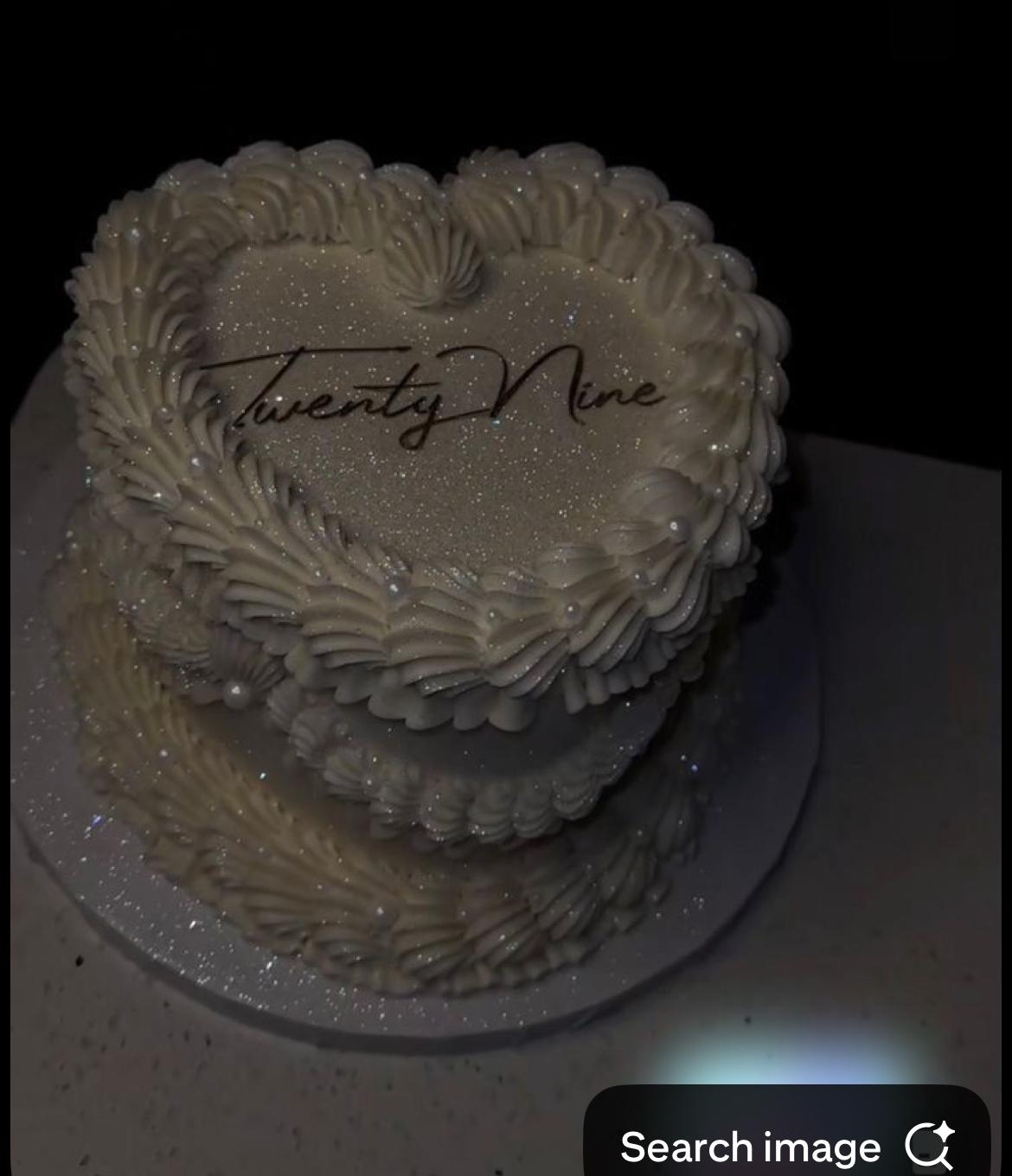 twenty nine heart cake 1 Tier - white theme with Twenty Nine text and piped icing swirls