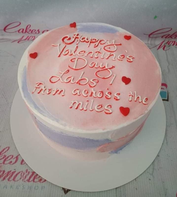 Bento cake with pink and purple watercolor icing, red heart decorations, and a Valentine's Day message in white and red icing.