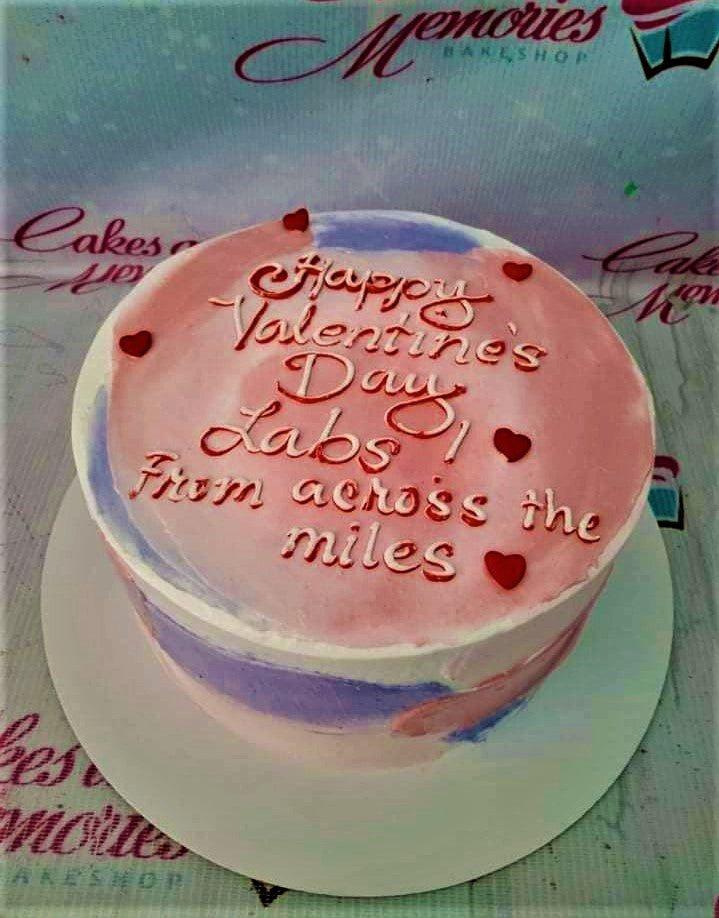 Bento cake with pink and purple watercolor icing, red hearts, and a Valentine's Day message.