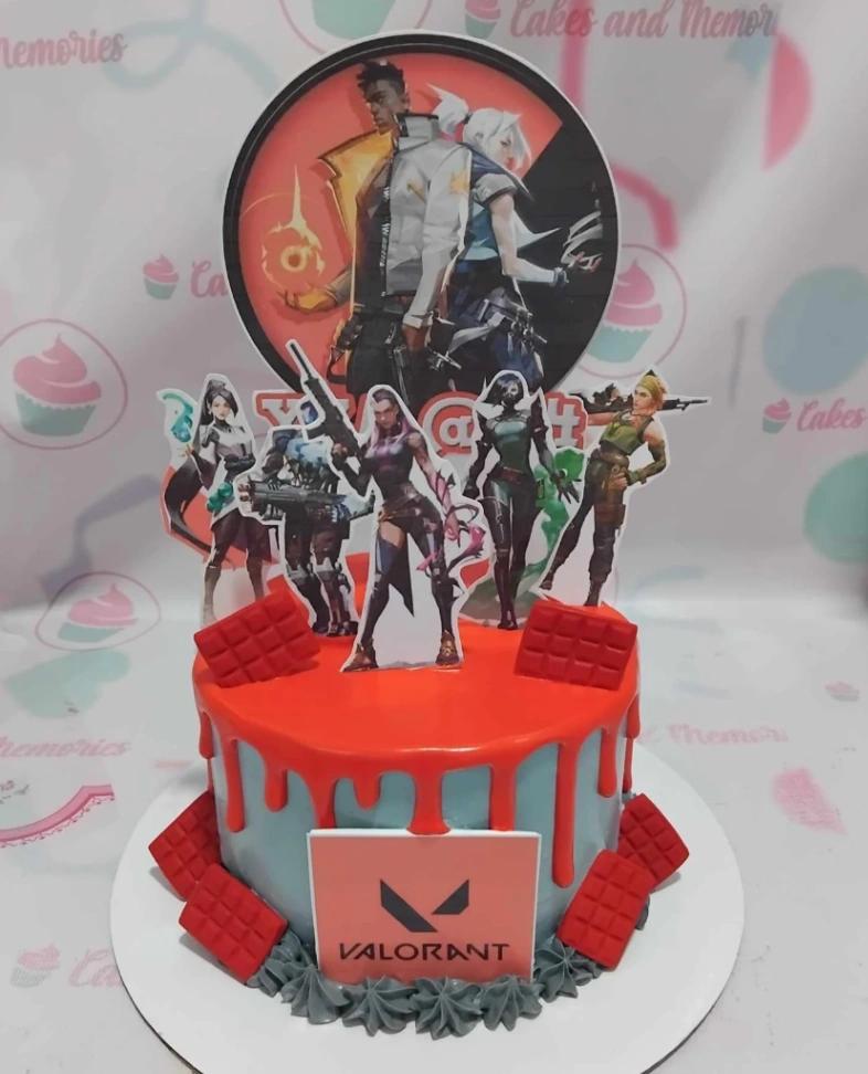 Valorant red 1 Tier - red theme with printout of Valorant characters in a circular frame and red chocolate bar
