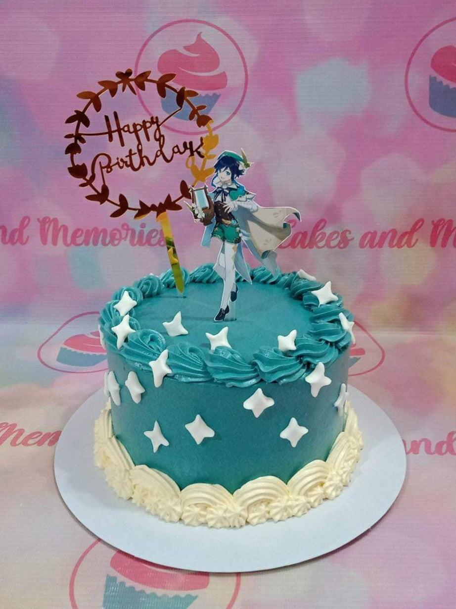 Teal blue birthday cake featuring a Venti character printout from Genshin Impact with a gold Happy Birthday wreath topper and white fondant stars.