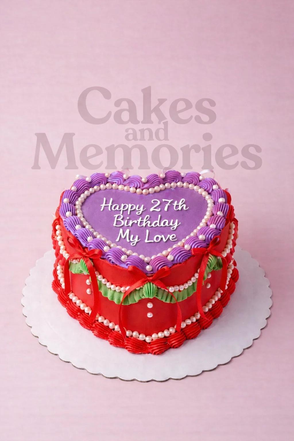 Heart-shaped red vintage cake with purple top, white pearl borders, red ribbons, and green icing swags.