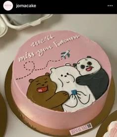 Pink bento cake featuring hand-piped We Bare Bears characters and a small blue airplane with a travel-themed message.