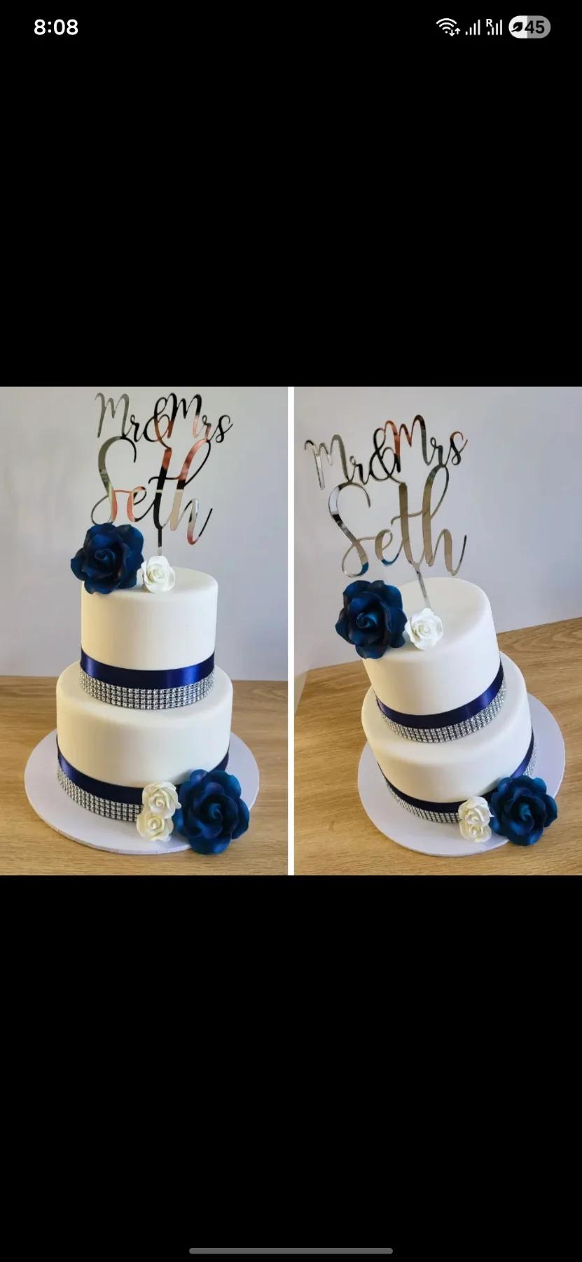 Cake 2 Tier Fondant - blue, dark, rose theme with Mr & Mrs Seth topper and dark blue roses