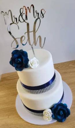 wedding floral 2 Tier Fondant - blue, dark, rose theme with Mr & Mrs Seth topper and dark blue rose