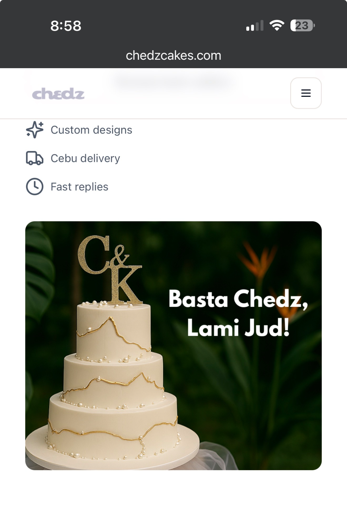 Elegant 3-tier ivory wedding cake with gold textured lines, white pearls, and a gold glitter C&K monogram topper.