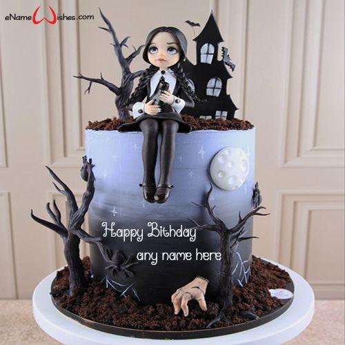 Wednesday Addams themed birthday cake with a 3D fondant figure, spooky trees, and a full moon on a blue to black gradient icing.