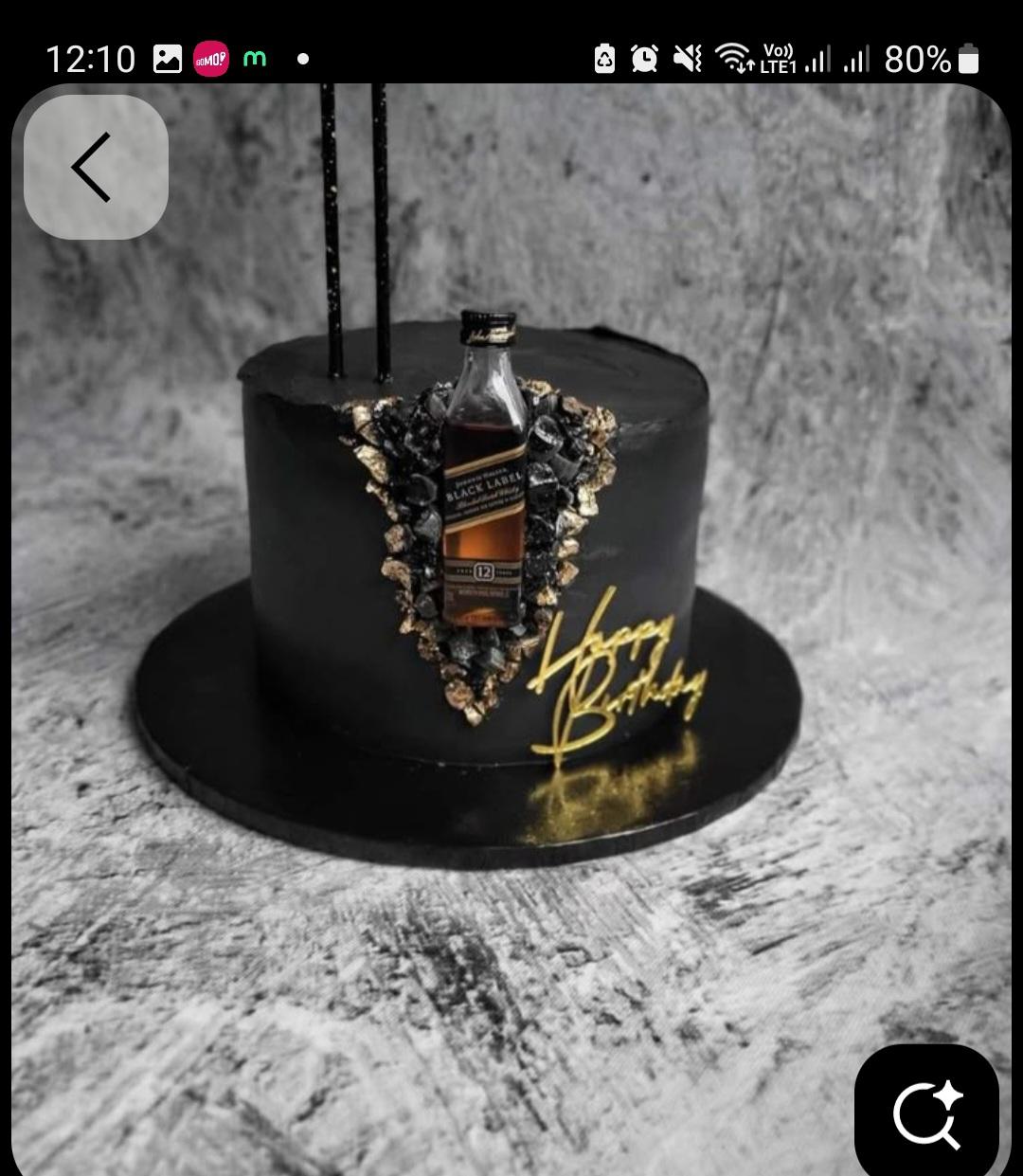 Whiskey Birthday 1 Tier Fondant - black, gold theme with miniature Johnnie Walker Black Label bottle and black and gold ed...