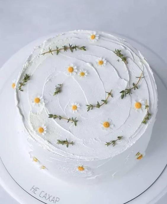 White minimalist cake with textured soft icing, decorated with small white daisies and green herb sprigs.