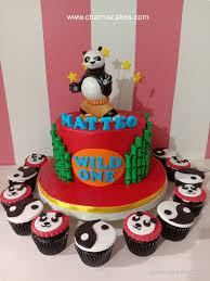 Wild One panda 1 Tier Fondant - red, yellow, green theme with panda figurine and green bamboo stalks