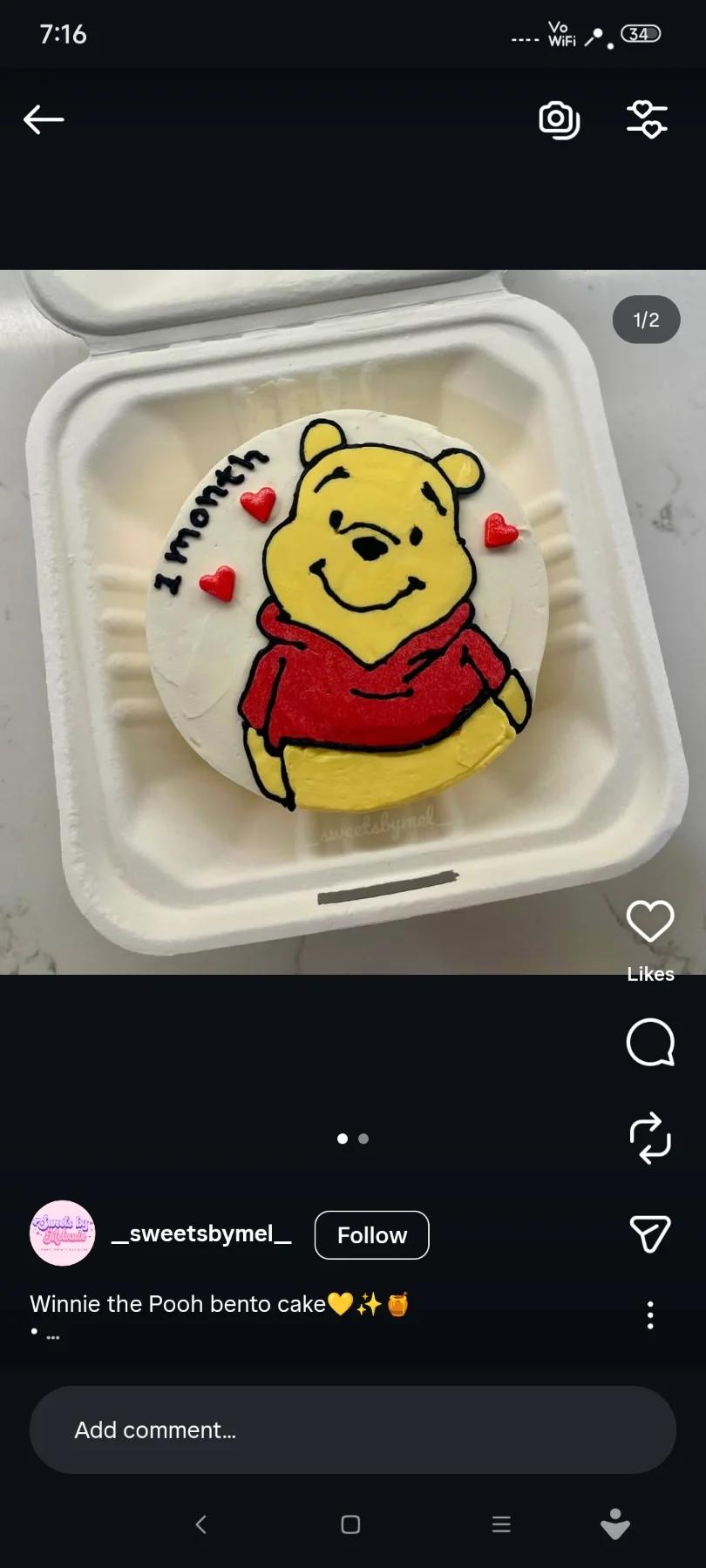 Winnie the Pooh Bento - red theme with Winnie the Pooh character drawing and small red hearts
