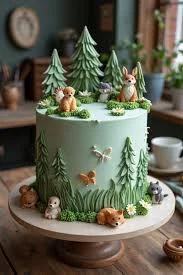 A light green woodland themed cake featuring 3D fondant animals like foxes, bears, and squirrels surrounded by tall green pine trees.