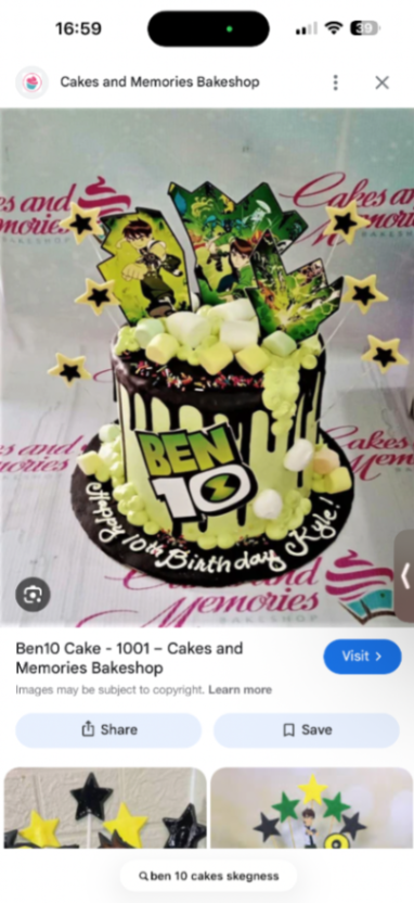 Ben 10 themed birthday cake with green icing, chocolate drip, marshmallows, and character printouts.