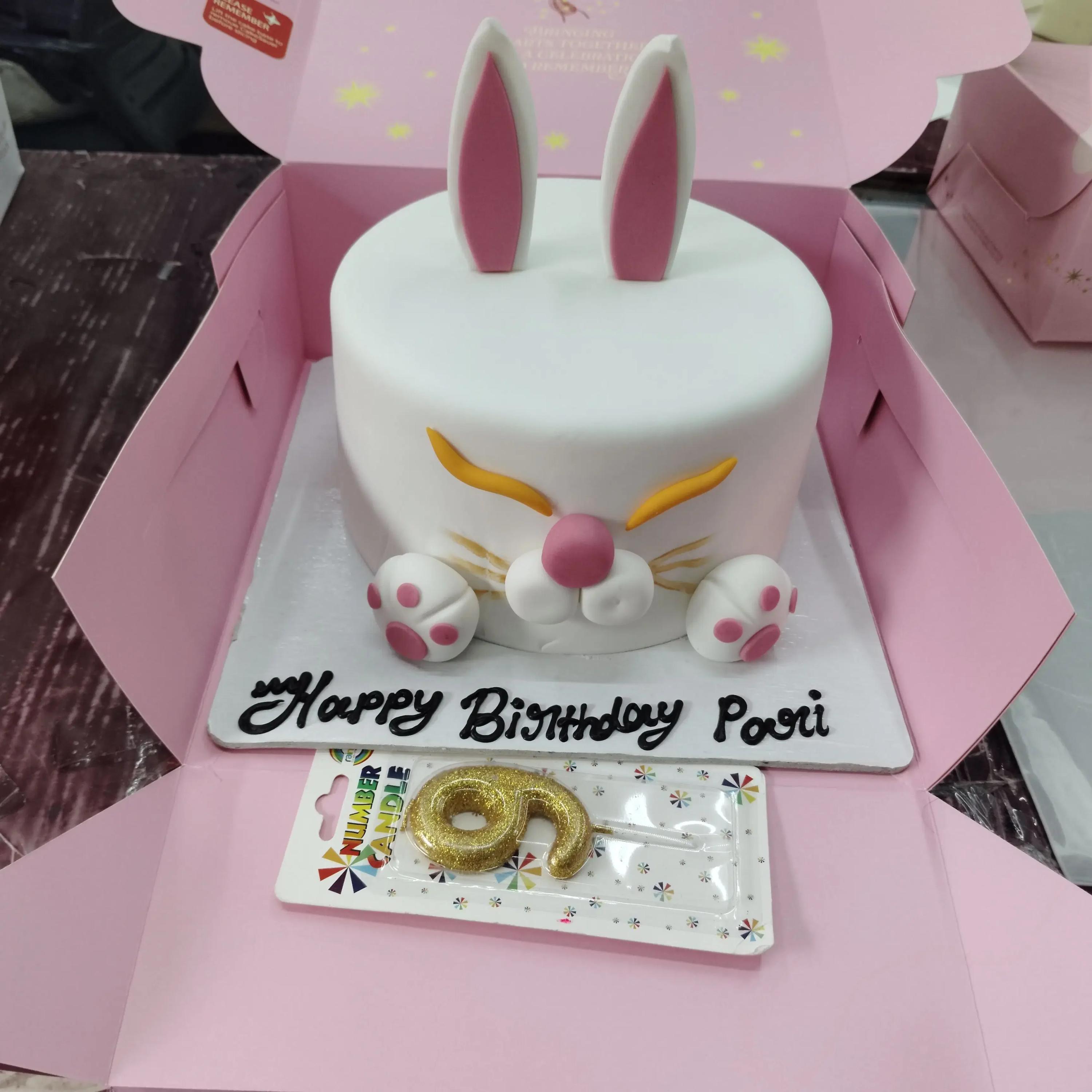 White fondant bunny cake with pink ears, paws, and a gold glitter number 9 candle in a pink box.